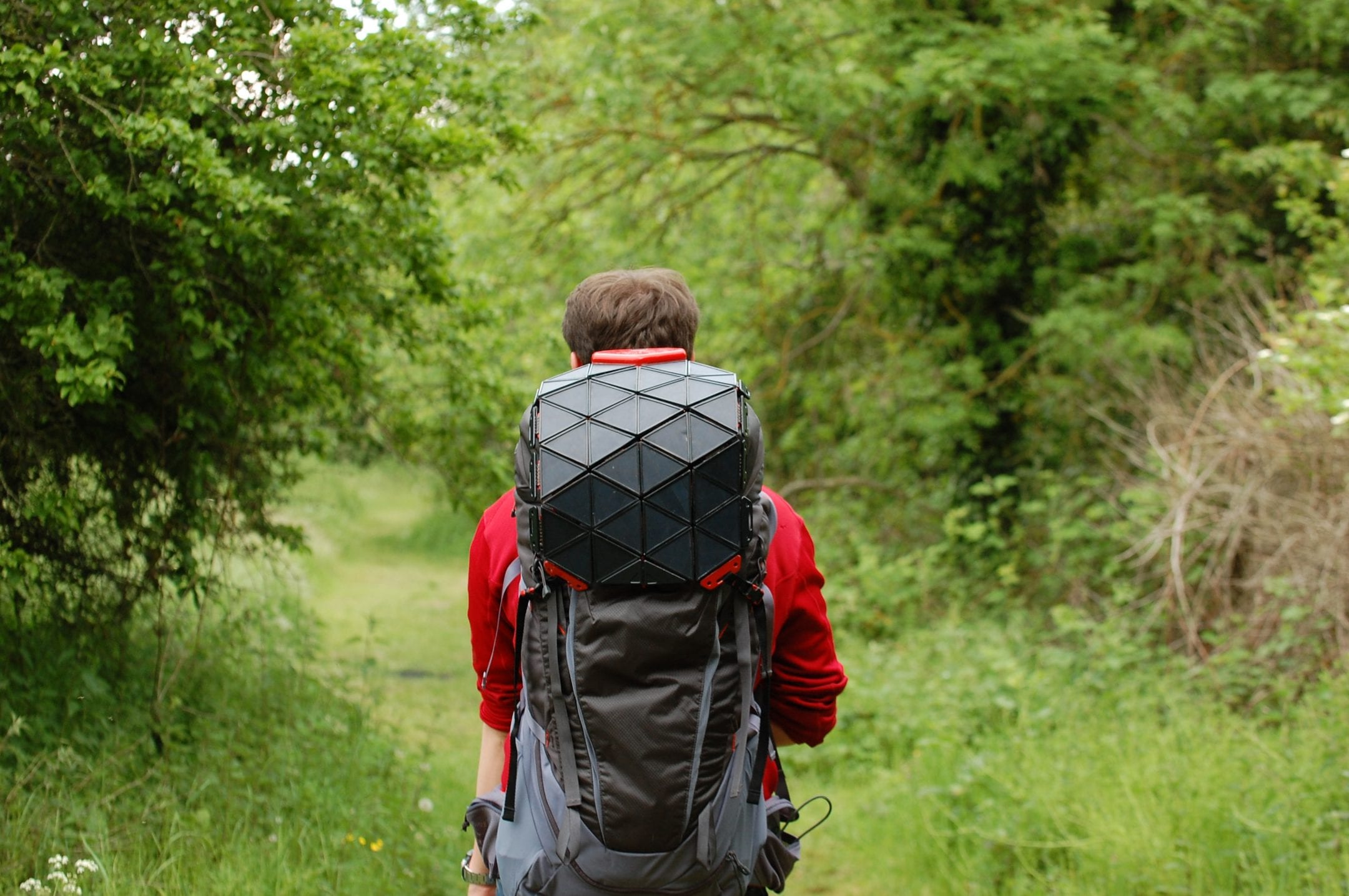 view from behind of a backpacker walking down a trail